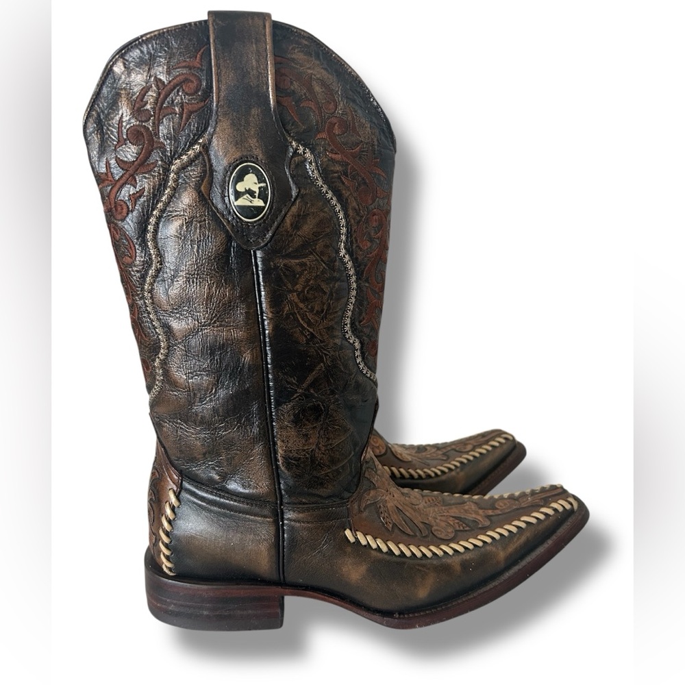 Joe Boots Men’s Brown Leather Western Boots with Embroidery Size 6